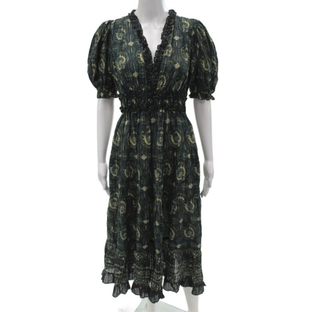 Ulla Johnson Women Fit & Flare Paisley V Neck Short Sleeve Midi Dress Size 2